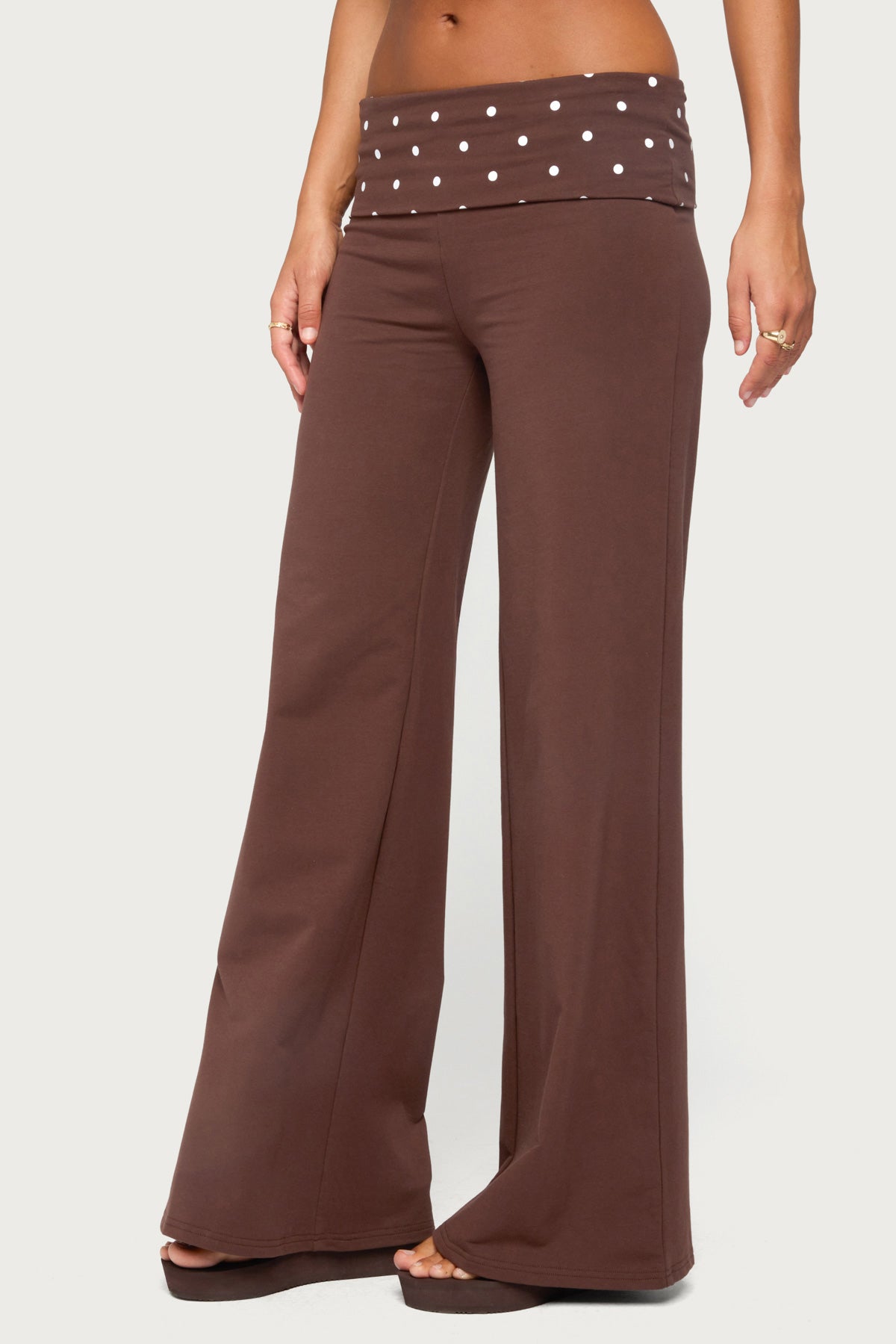 Reeva Polka Dot Foldover Pants - DARK-BROWN