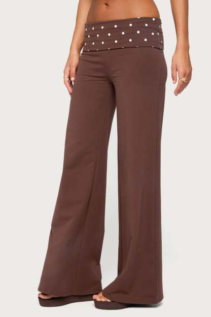 Reeva Polka Dot Foldover Pants - DARK-BROWN