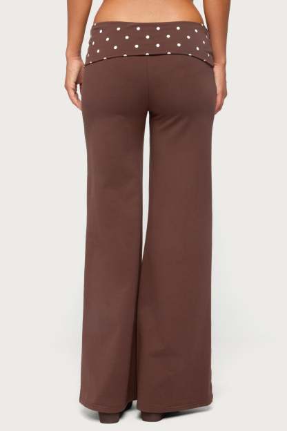 Reeva Polka Dot Foldover Pants - DARK-BROWN