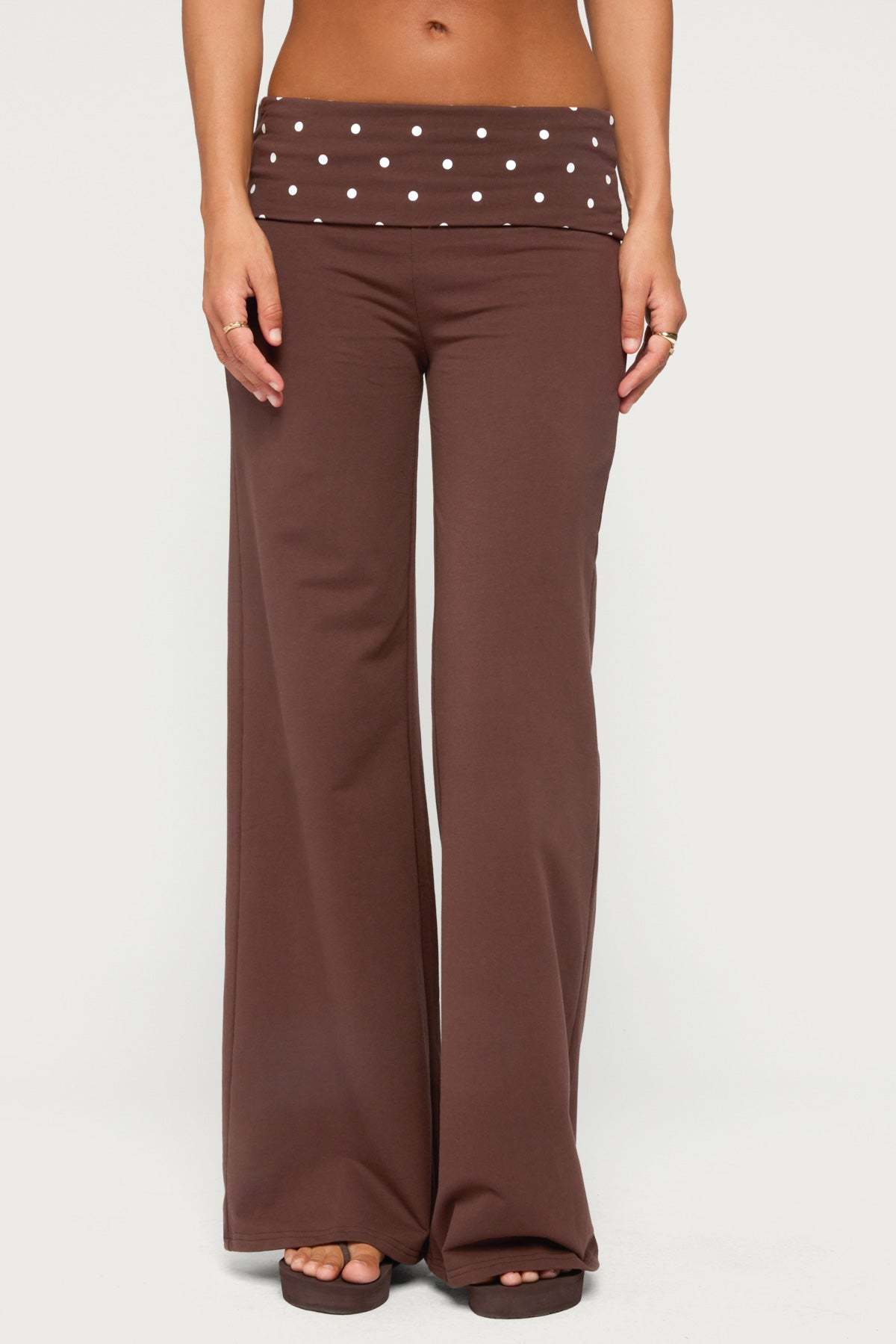 Reeva Polka Dot Foldover Pants - DARK-BROWN