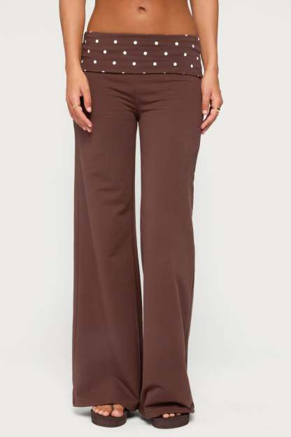 Reeva Polka Dot Foldover Pants - DARK-BROWN
