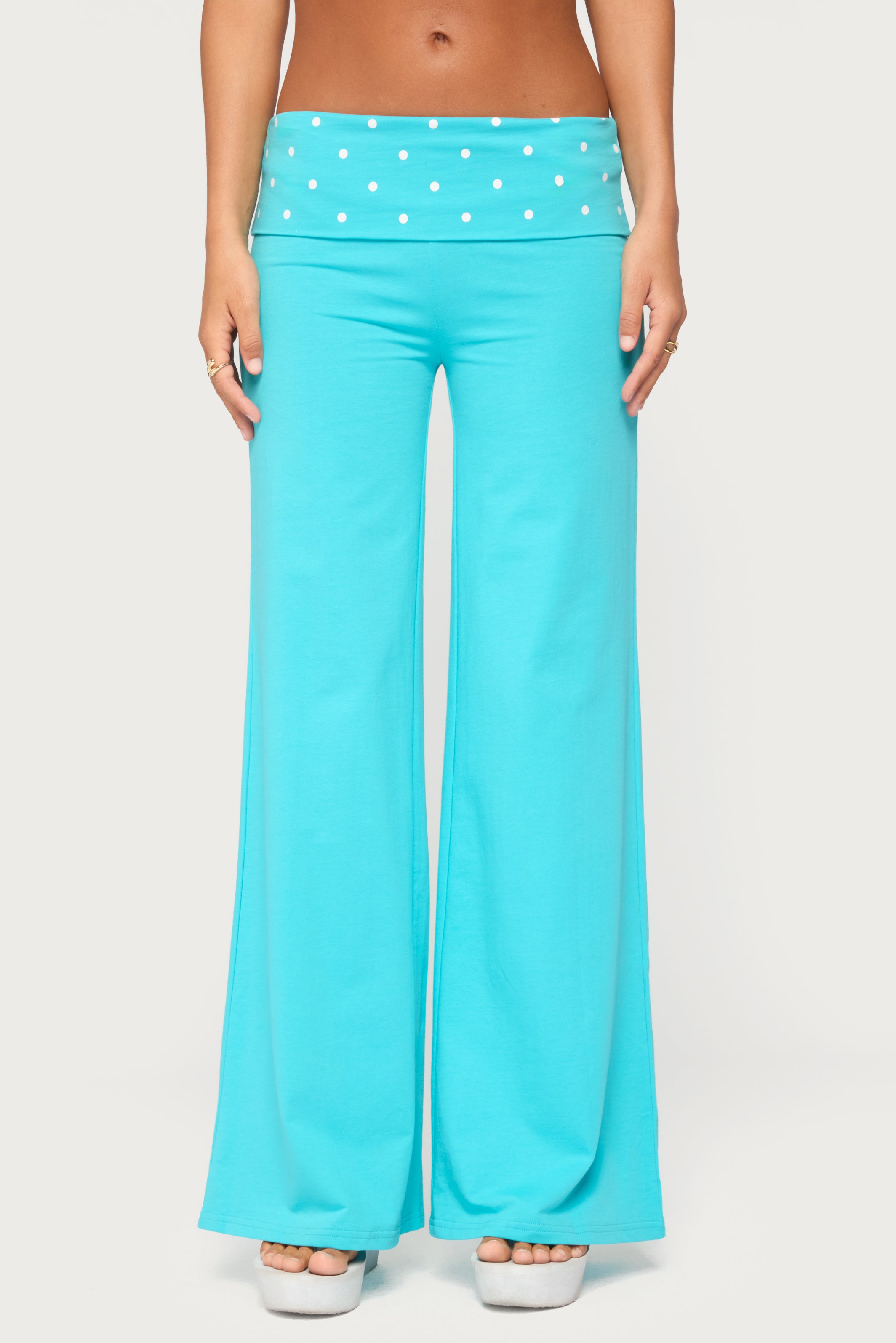 Reeva Polka Dot Foldover Pants - TURQUOISE