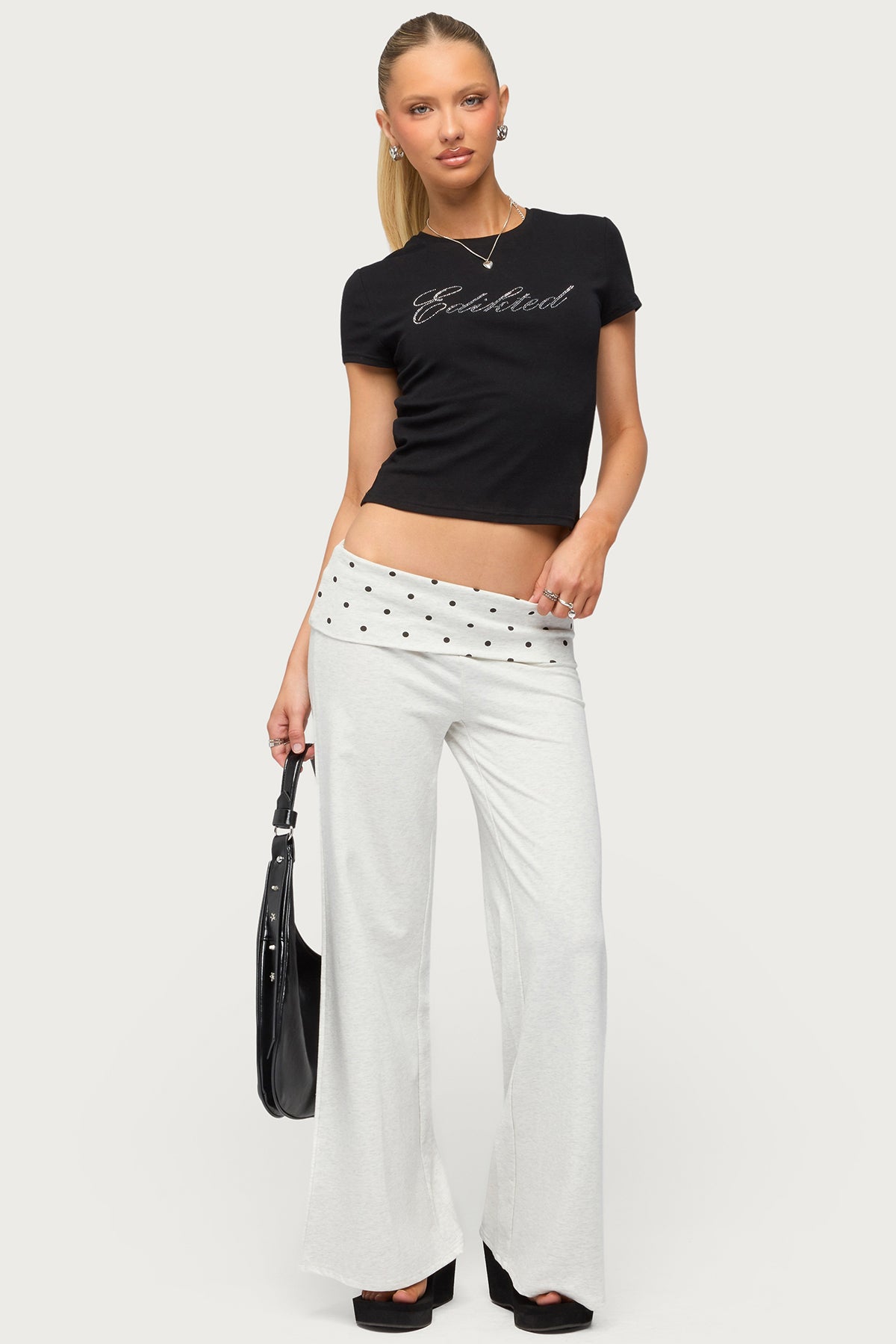 Petite Reeva Polka Dot Foldover Pants - LIGHT-GRAY-MELANGE