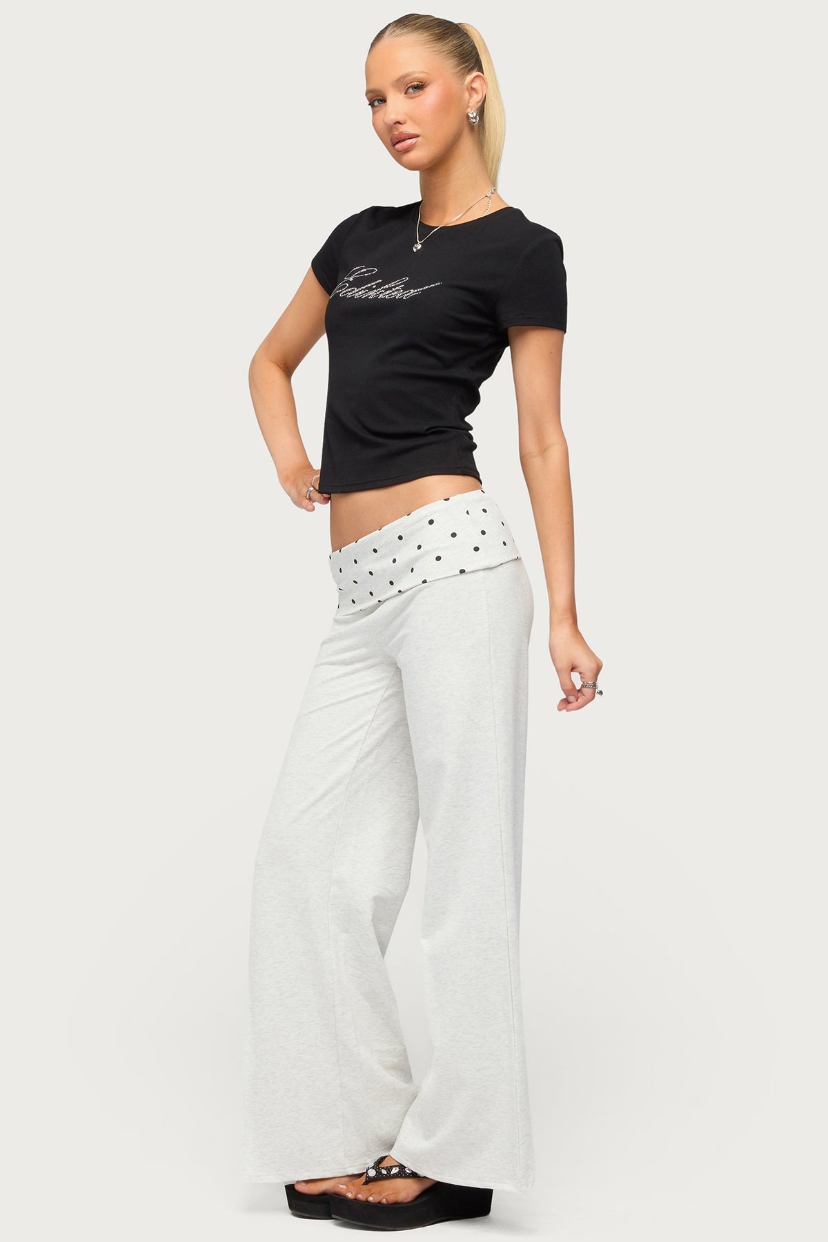 Petite Reeva Polka Dot Foldover Pants - LIGHT-GRAY-MELANGE