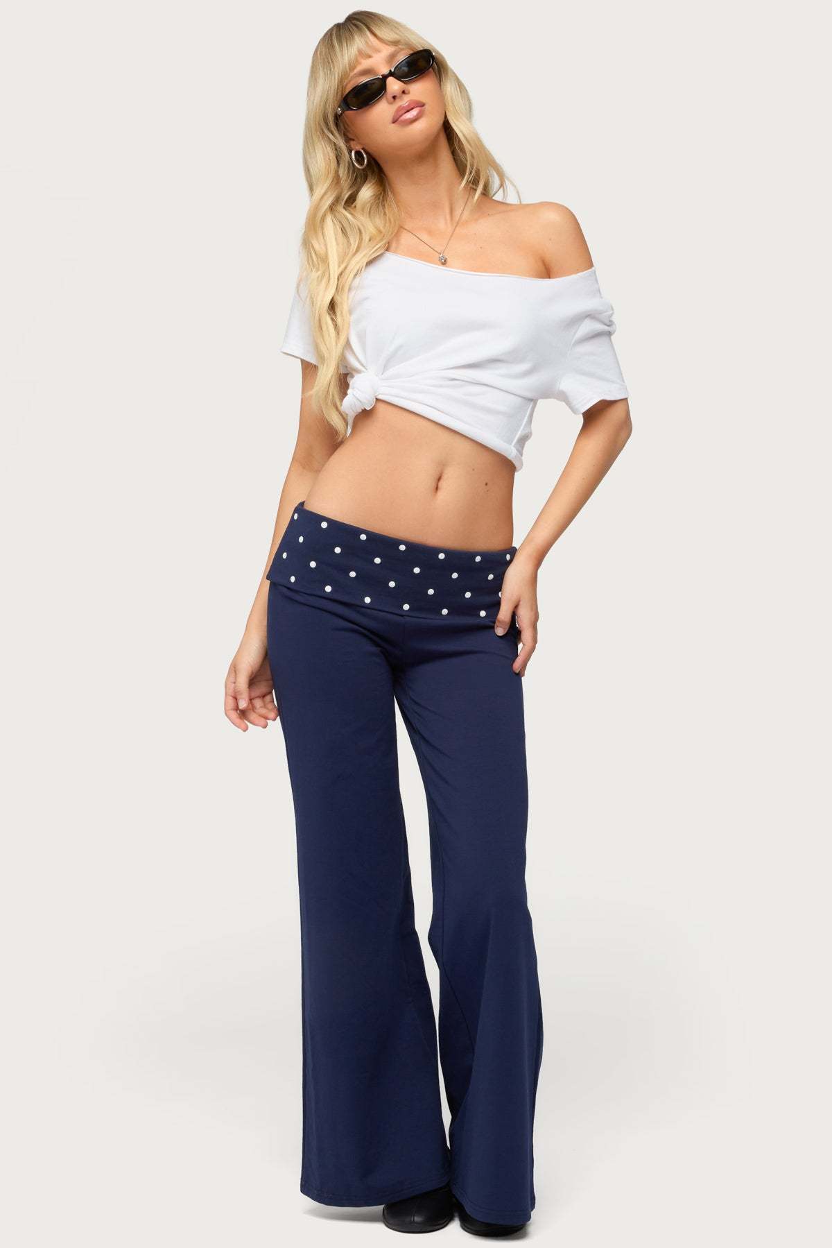 Petite Reeva Polka Dot Foldover Pants - NAVY