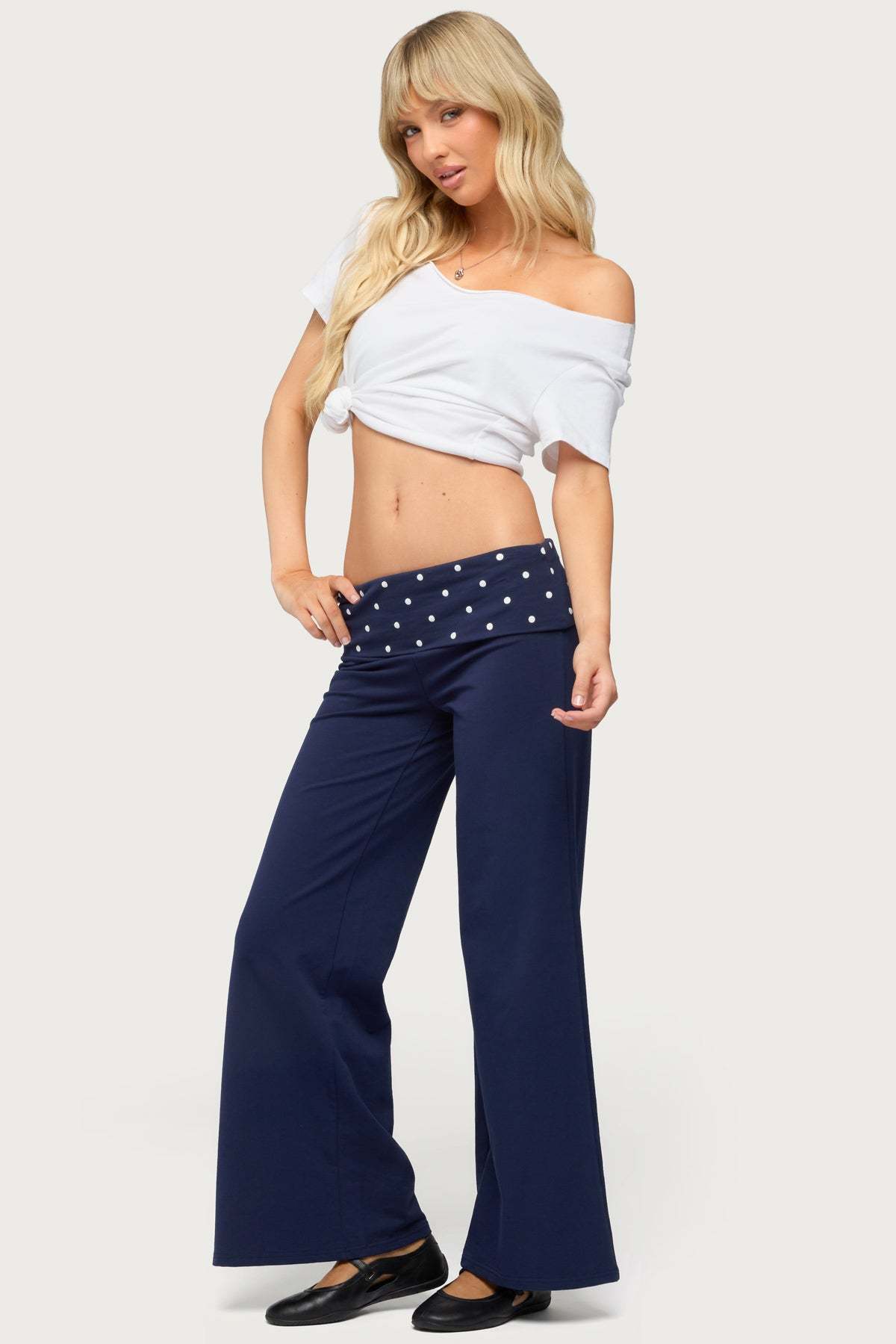 Petite Reeva Polka Dot Foldover Pants - NAVY
