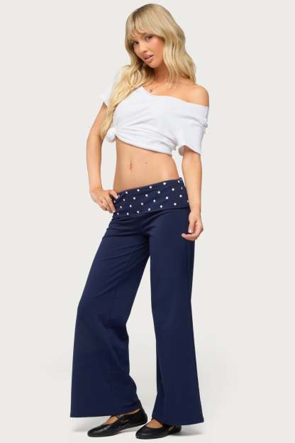 Petite Reeva Polka Dot Foldover Pants - NAVY