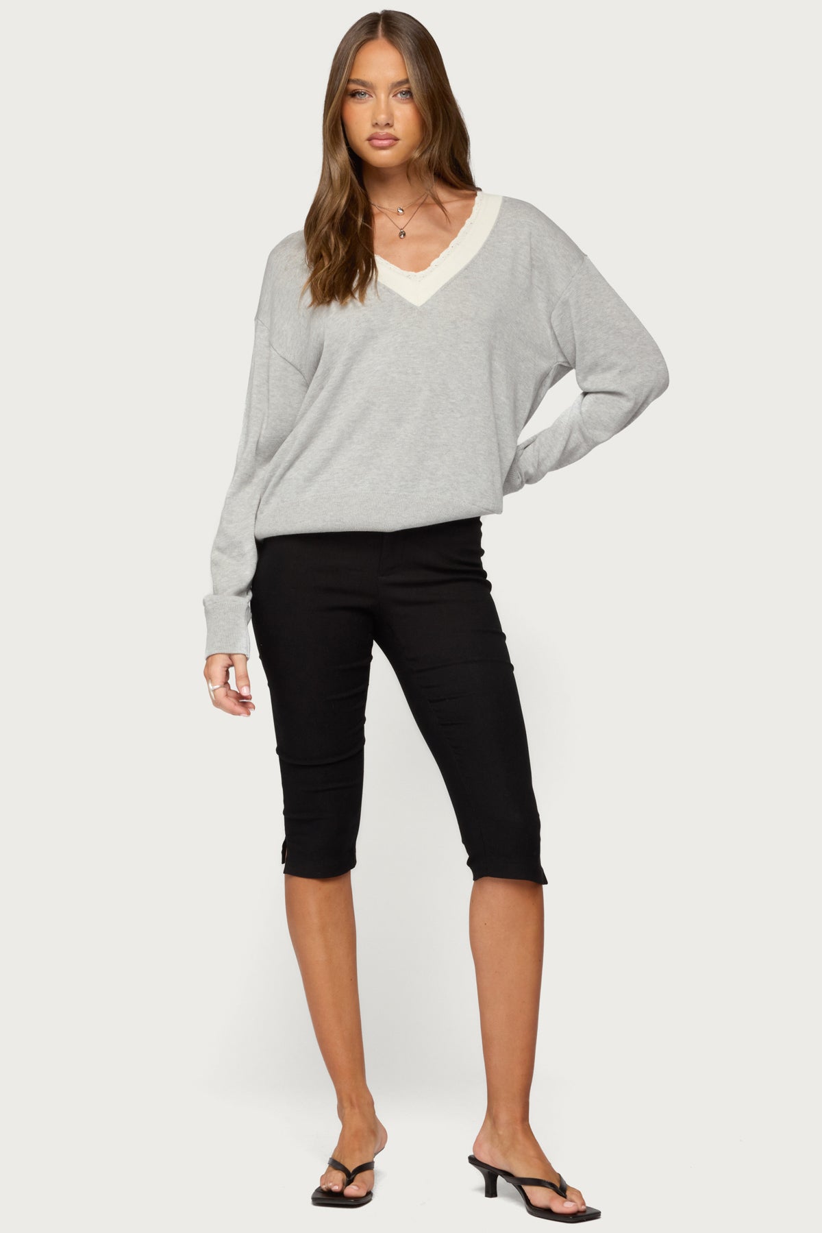 Marie Contrast Lacey V Neck Sweater - GRAY-MELANGE