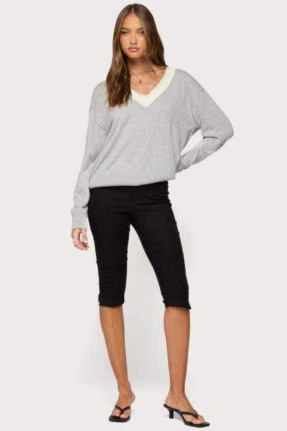 Marie Contrast Lacey V Neck Sweater - GRAY-MELANGE