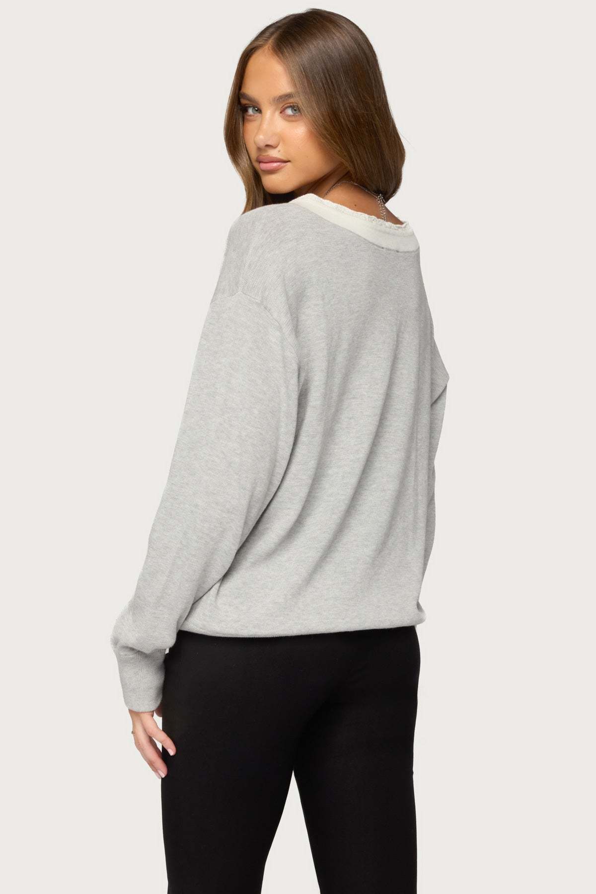 Marie Contrast Lacey V Neck Sweater - GRAY-MELANGE