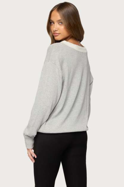Marie Contrast Lacey V Neck Sweater - GRAY-MELANGE