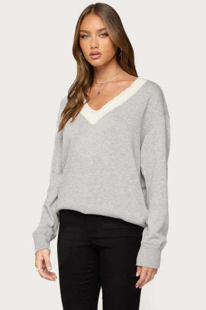 Marie Contrast Lacey V Neck Sweater - GRAY-MELANGE