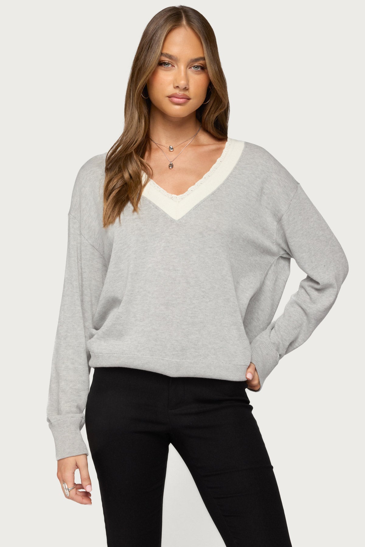 Marie Contrast Lacey V Neck Sweater - GRAY-MELANGE