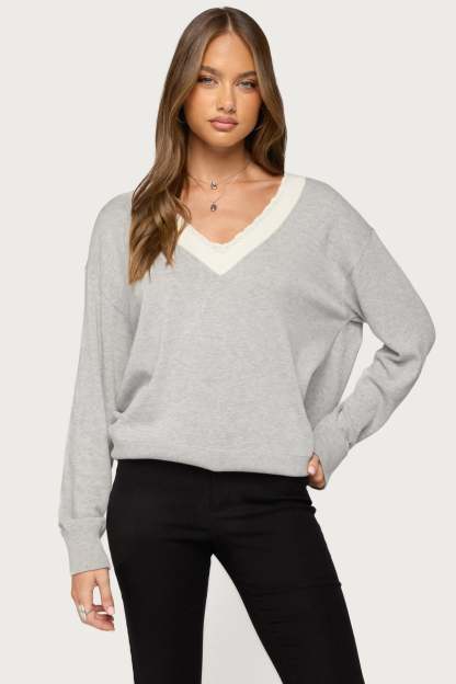 Marie Contrast Lacey V Neck Sweater - GRAY-MELANGE