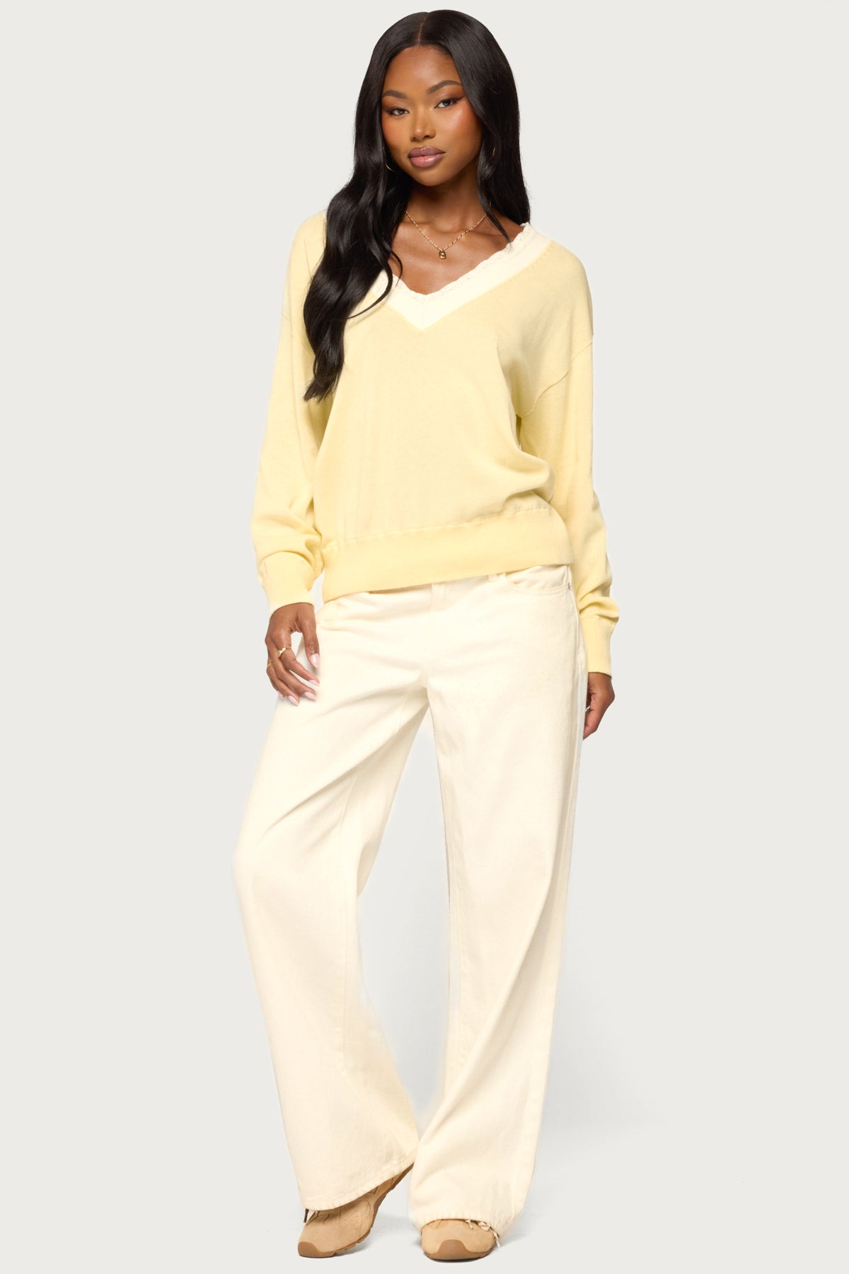 Marie Contrast Lacey V Neck Sweater - LIGHT-YELLOW