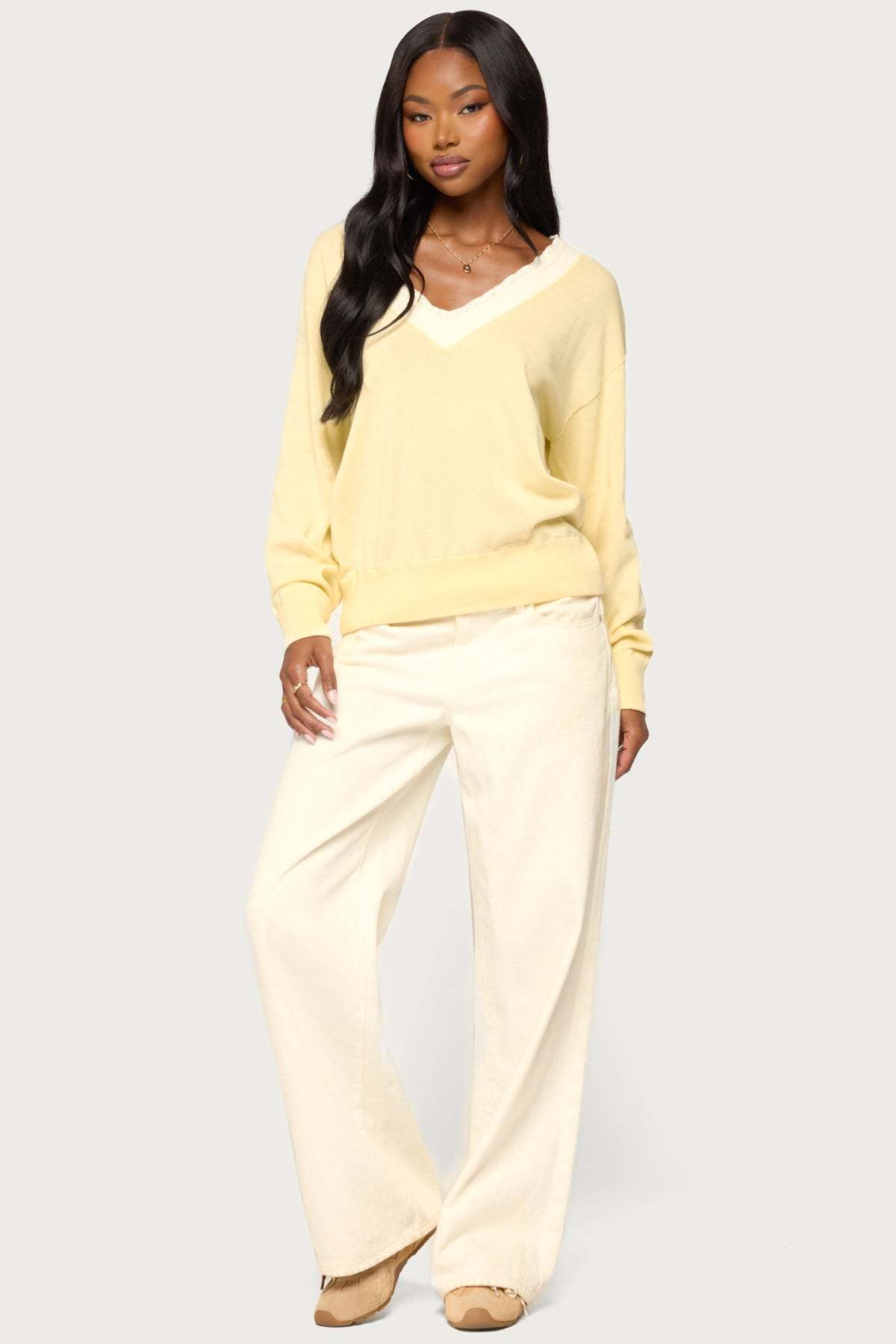 Marie Contrast Lacey V Neck Sweater - LIGHT-YELLOW