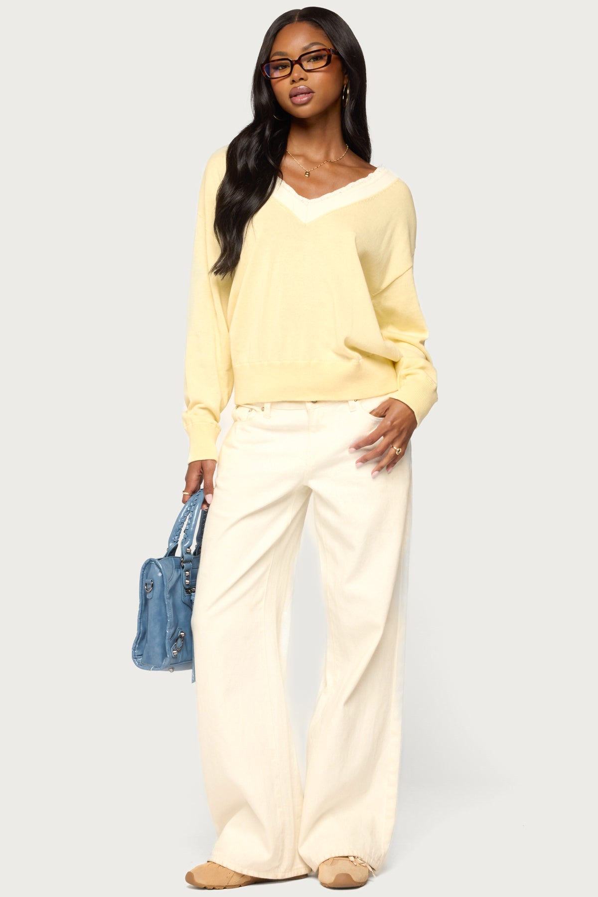 Marie Contrast Lacey V Neck Sweater - LIGHT-YELLOW