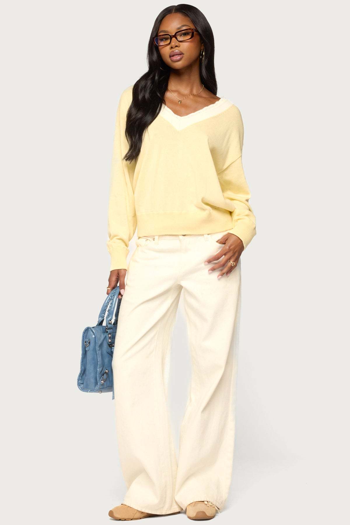Marie Contrast Lacey V Neck Sweater - LIGHT-YELLOW