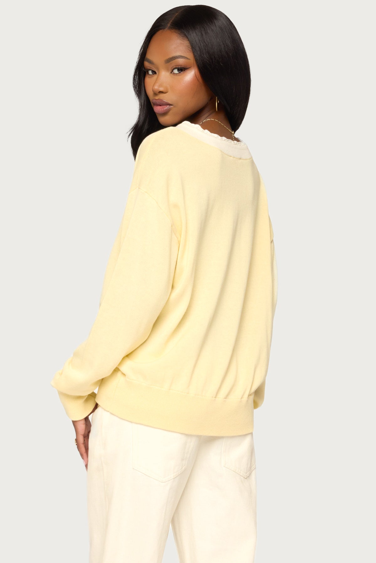 Marie Contrast Lacey V Neck Sweater - LIGHT-YELLOW