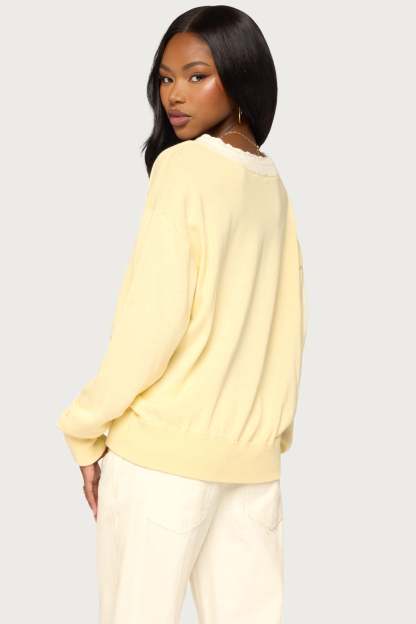 Marie Contrast Lacey V Neck Sweater - LIGHT-YELLOW