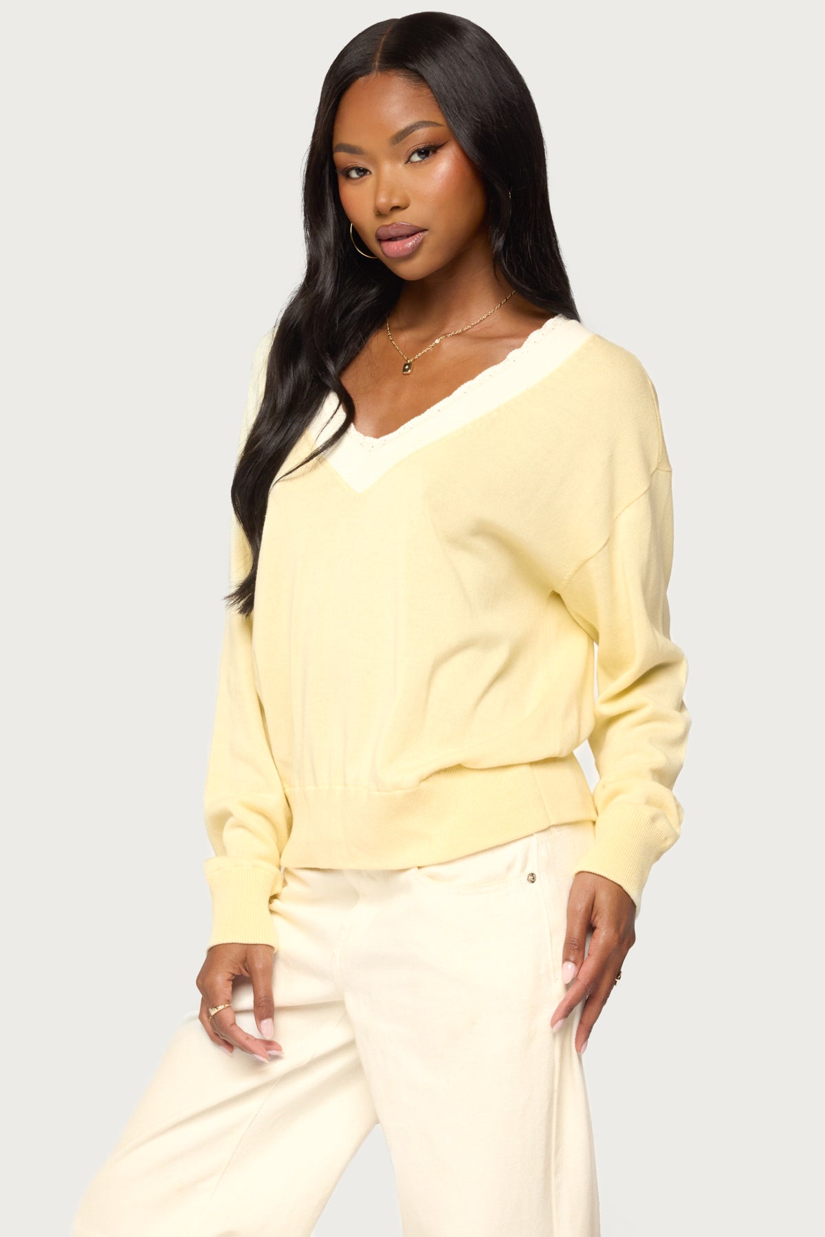 Marie Contrast Lacey V Neck Sweater - LIGHT-YELLOW