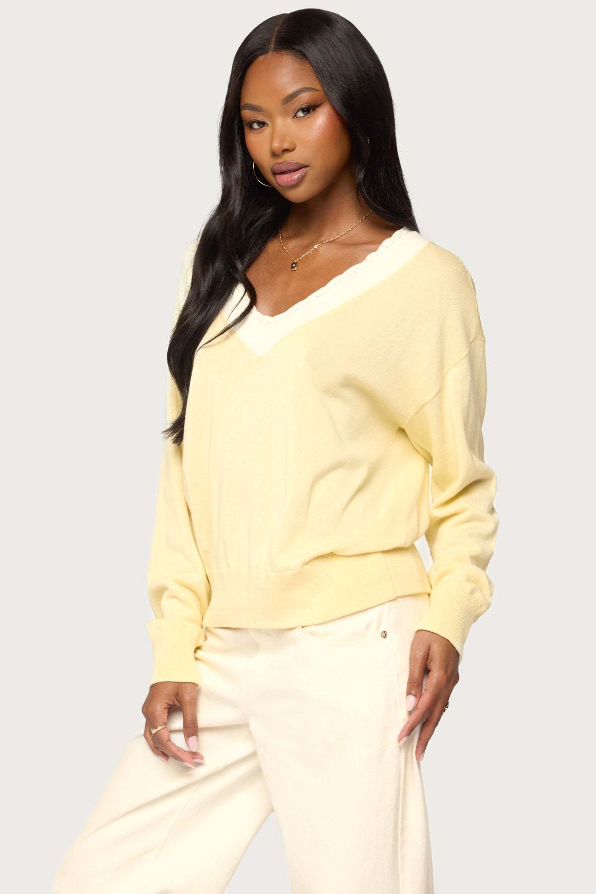 Marie Contrast Lacey V Neck Sweater - LIGHT-YELLOW