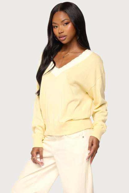 Marie Contrast Lacey V Neck Sweater - LIGHT-YELLOW