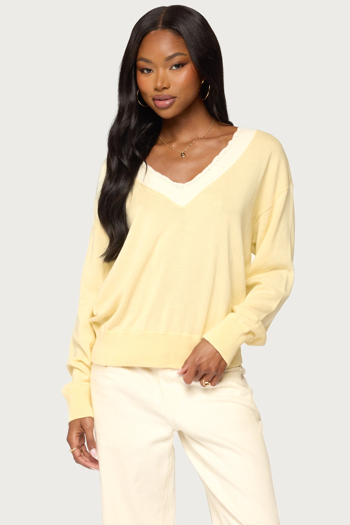 Marie Contrast Lacey V Neck Sweater - LIGHT-YELLOW