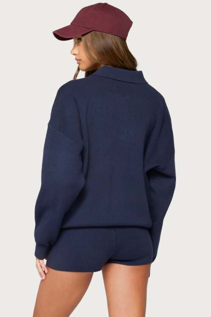 Lorie Oversized Knit Polo Sweater - NAVY