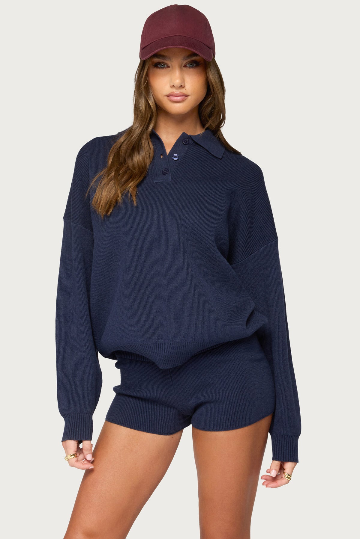 Lorie Oversized Knit Polo Sweater - NAVY