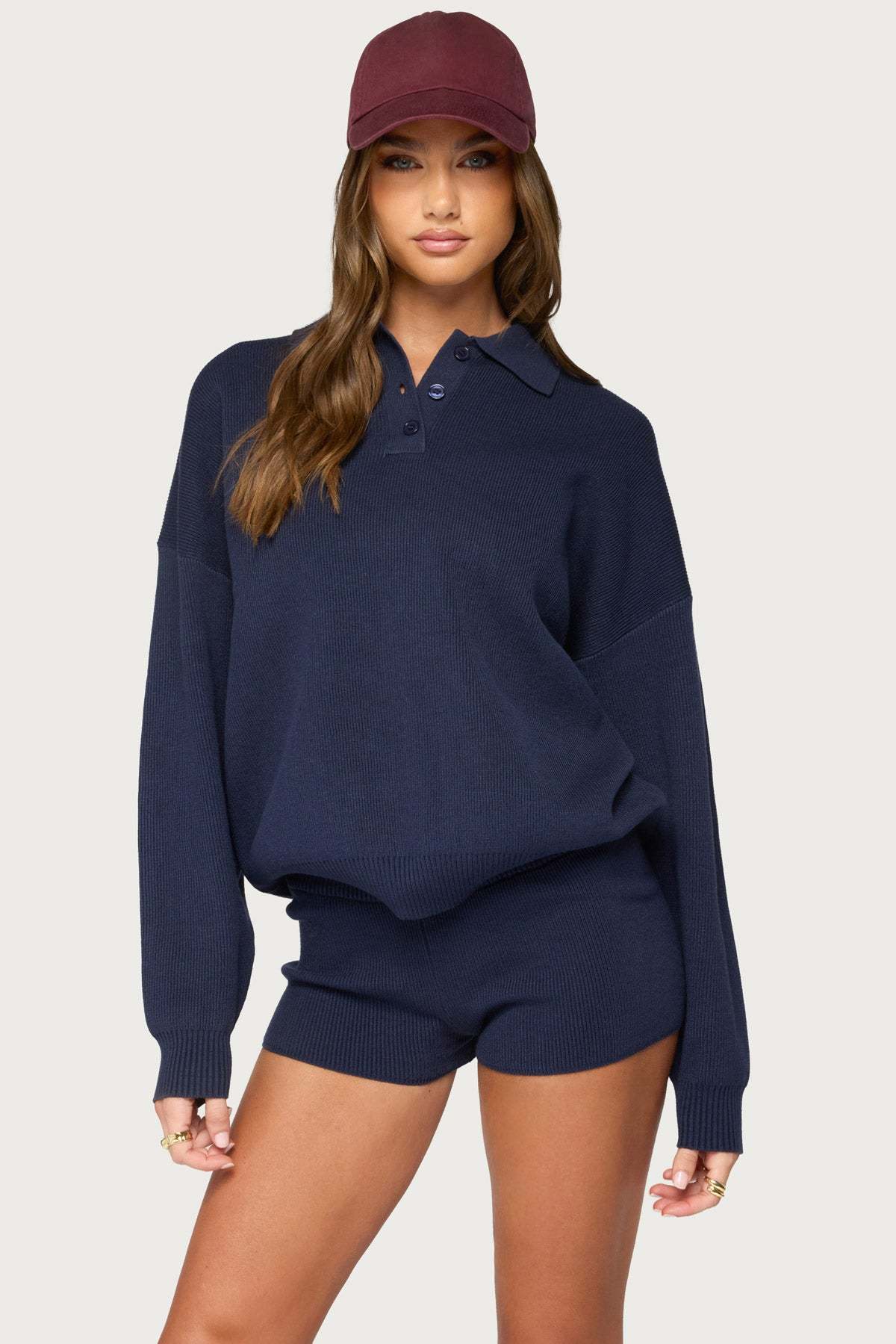 Lorie Oversized Knit Polo Sweater - NAVY