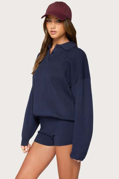 Lorie Oversized Knit Polo Sweater - NAVY