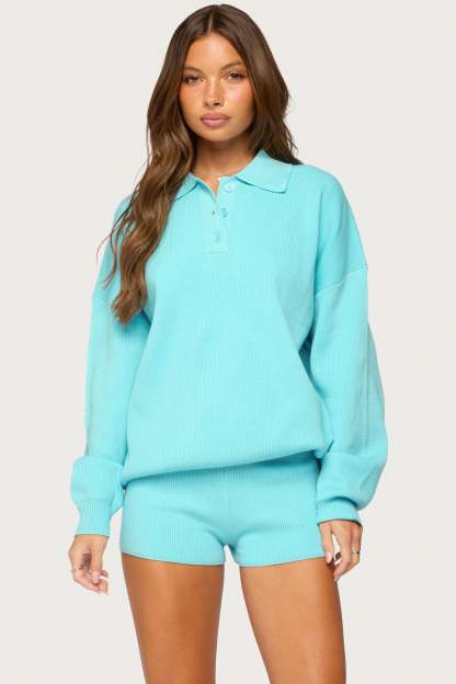 Lorie Oversized Knit Polo Sweater - TURQUOISE