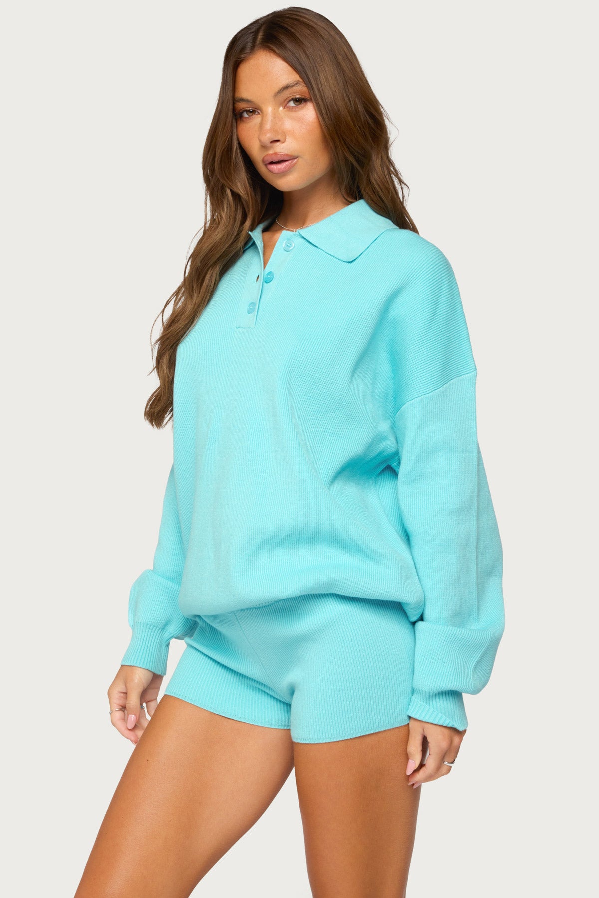 Lorie Oversized Knit Polo Sweater - TURQUOISE