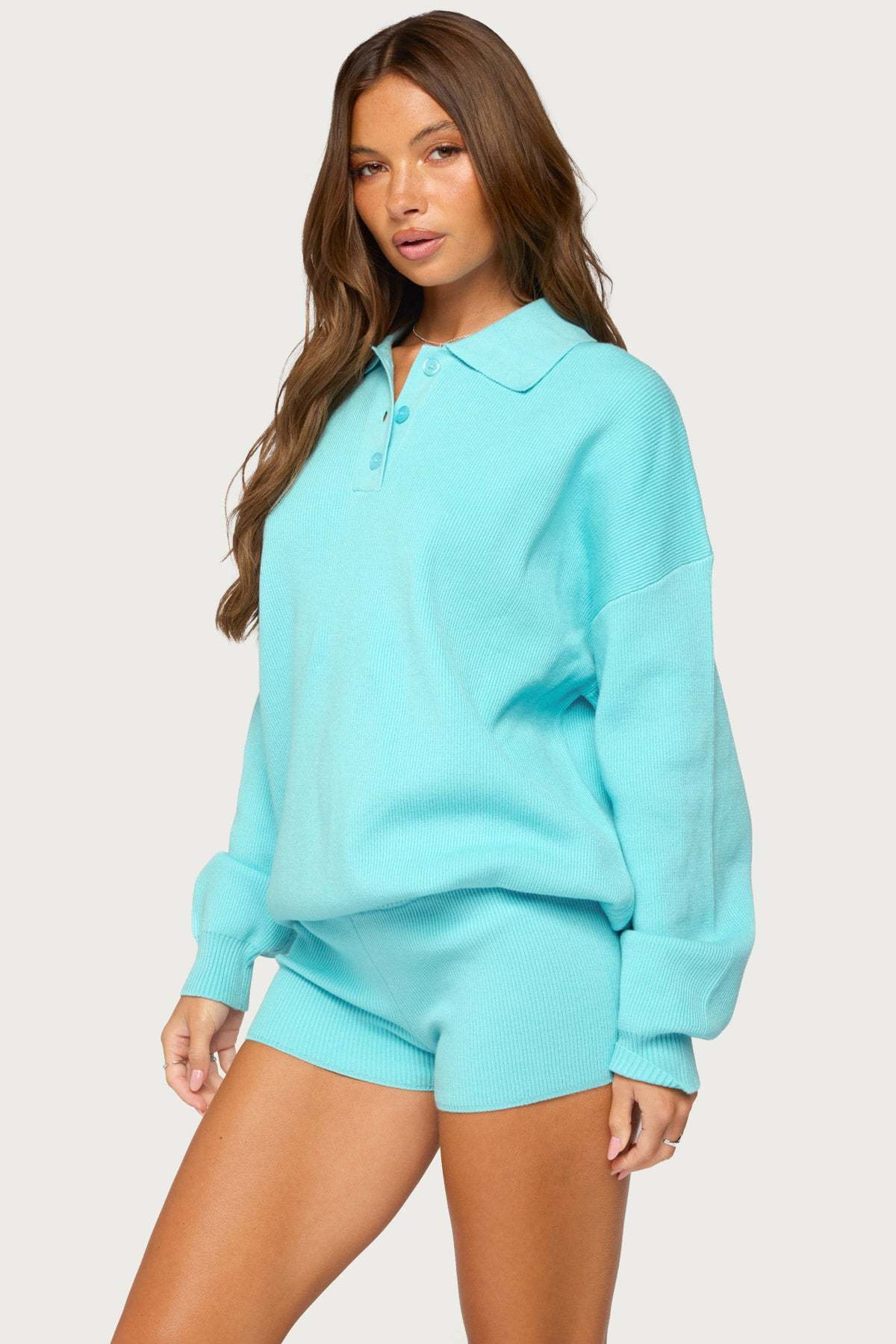 Lorie Oversized Knit Polo Sweater - TURQUOISE