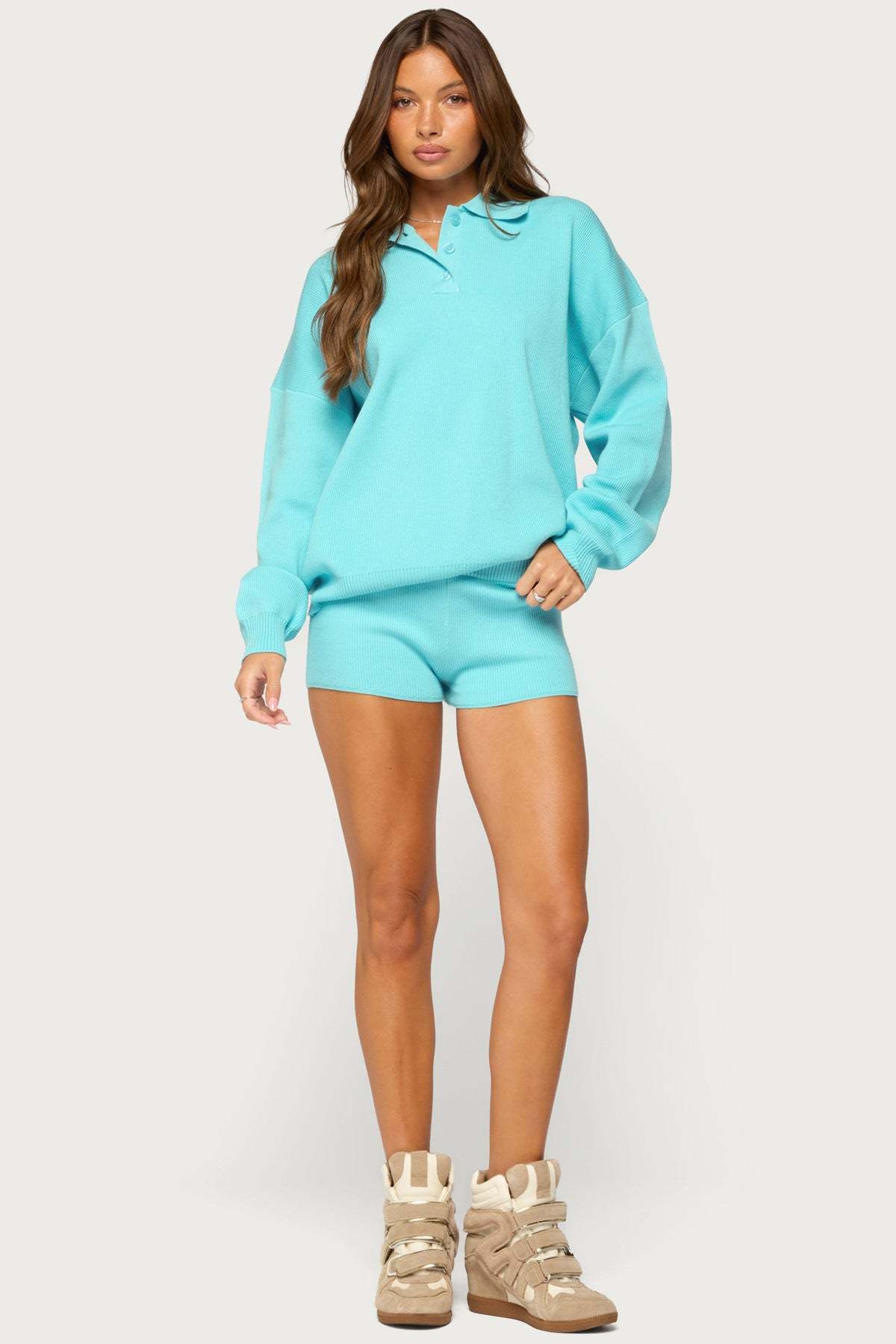 Lorie Oversized Knit Polo Sweater - TURQUOISE