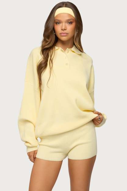 Lorie Oversized Knit Polo Sweater - YELLOW