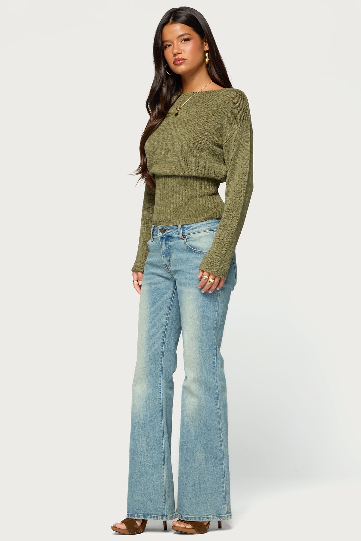 Tezi Boat Neck Light Knit Top - OLIVE