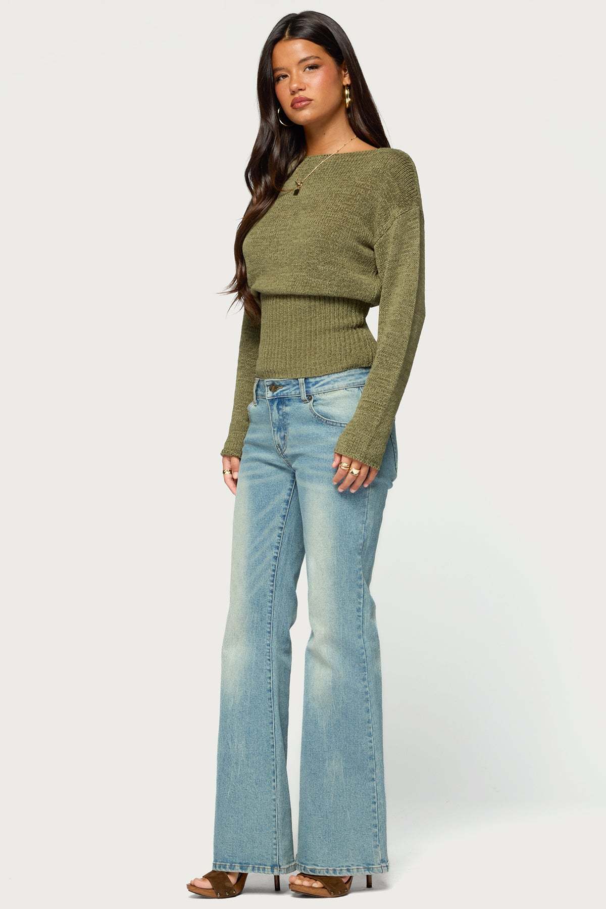 Tezi Boat Neck Light Knit Top - OLIVE
