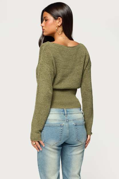 Tezi Boat Neck Light Knit Top - OLIVE