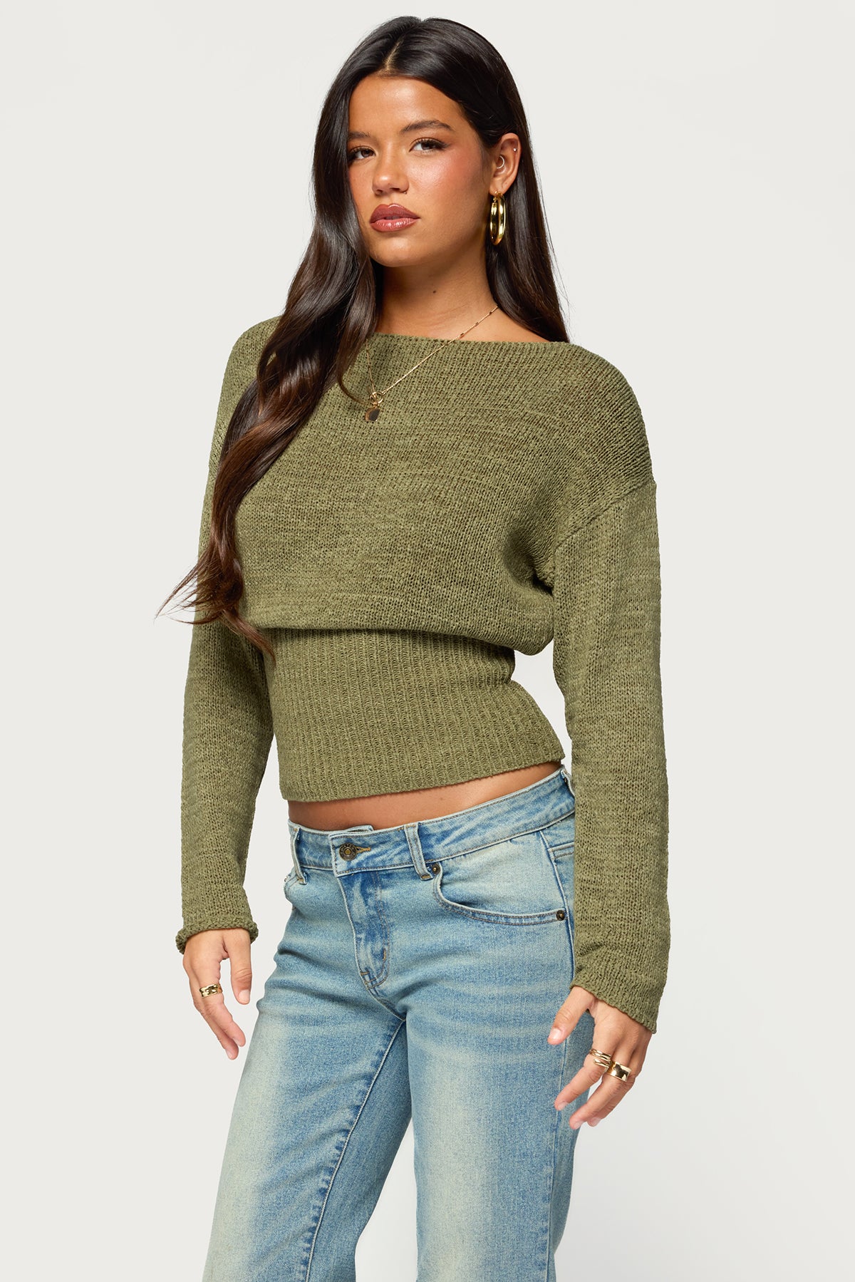 Tezi Boat Neck Light Knit Top - OLIVE