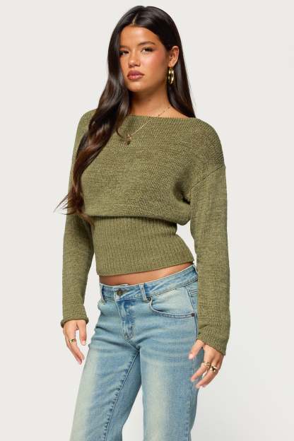 Tezi Boat Neck Light Knit Top - OLIVE