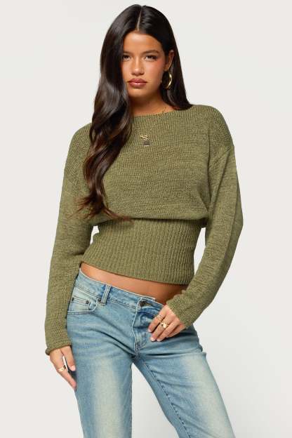 Tezi Boat Neck Light Knit Top - OLIVE