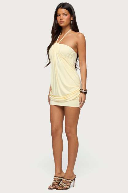 Lugenia Draped Halter Mini Dress - YELLOW
