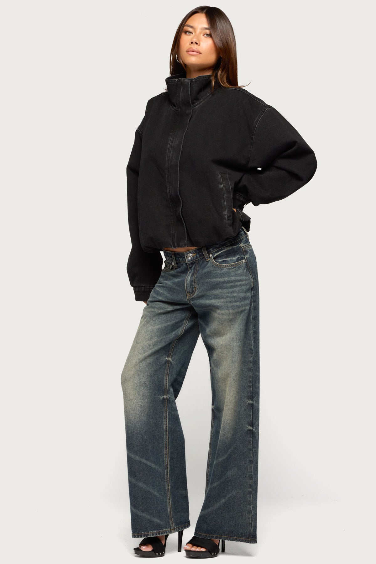 Hilary Oversized Denim Coat - BLACK-WASHED