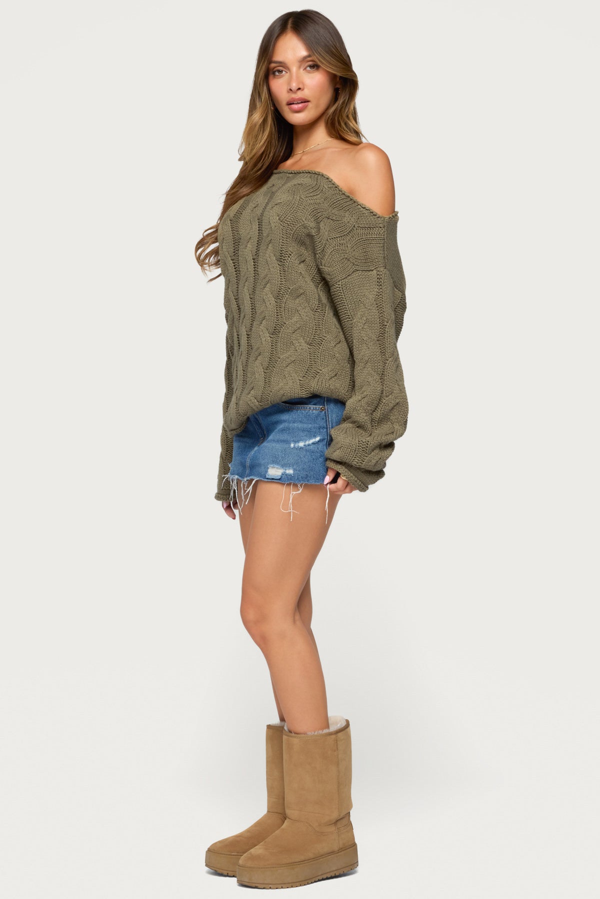 Nellie Off Shoulder Cable Knit Sweater - OLIVE
