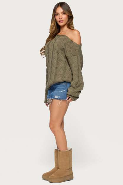 Nellie Off Shoulder Cable Knit Sweater - OLIVE