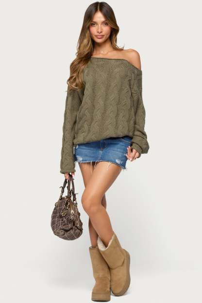 Nellie Off Shoulder Cable Knit Sweater - OLIVE