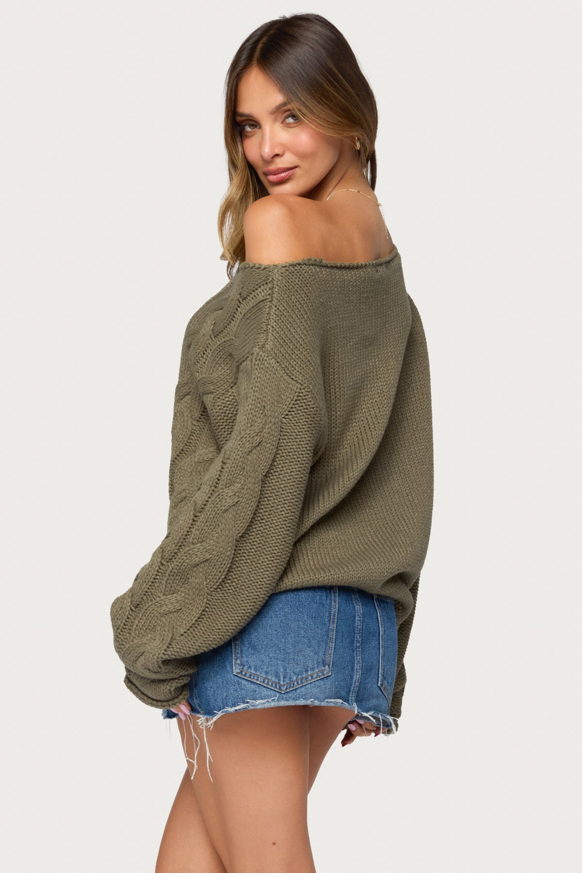 Nellie Off Shoulder Cable Knit Sweater - OLIVE