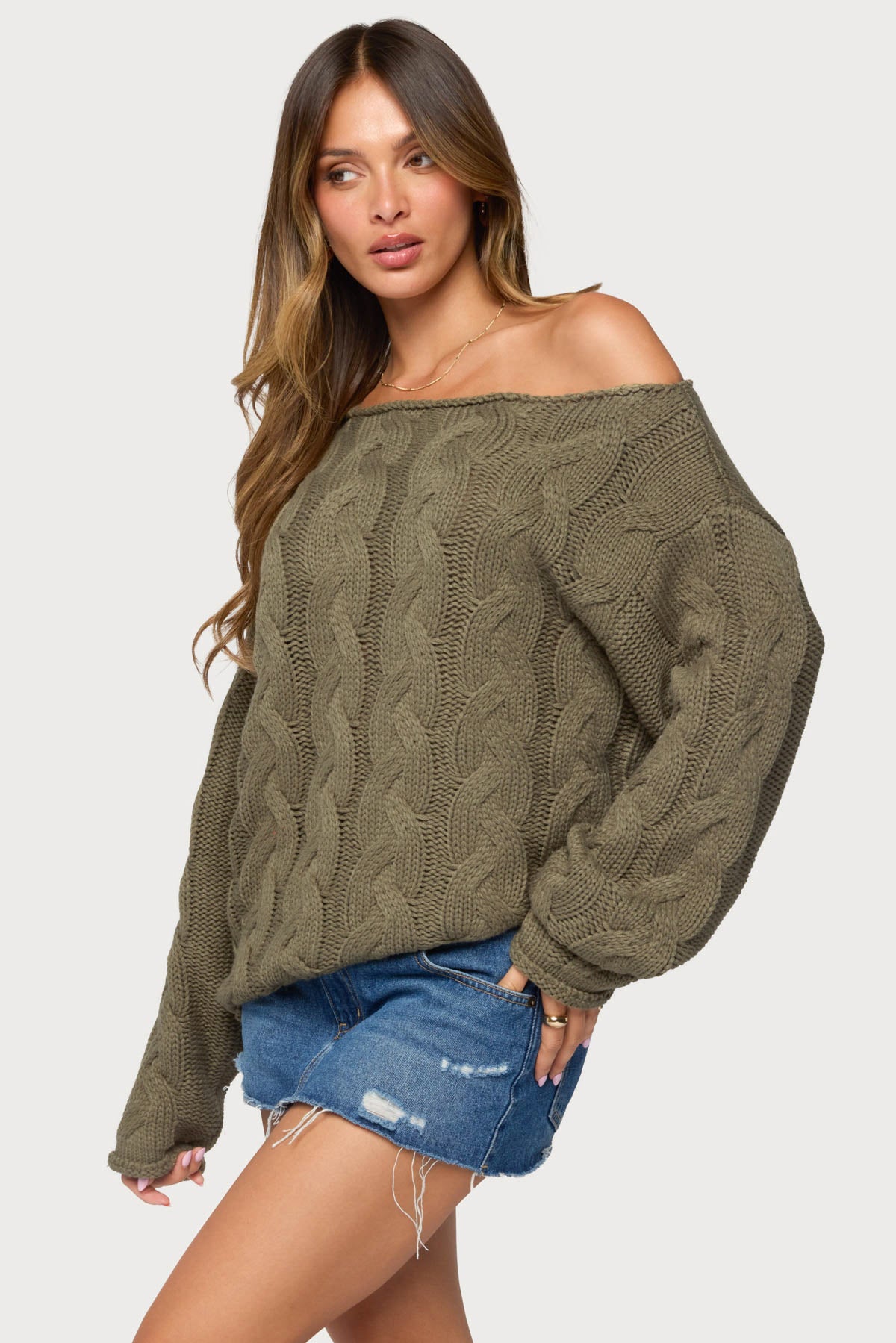 Nellie Off Shoulder Cable Knit Sweater - OLIVE